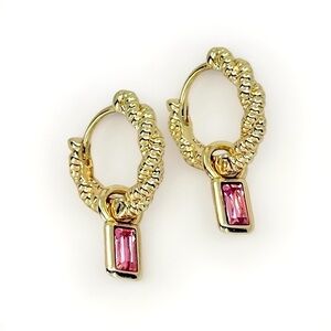 Pink Real Crystal Drop Twisted Hoop Earrings 14K Gold Plated Waterproof Jewelry